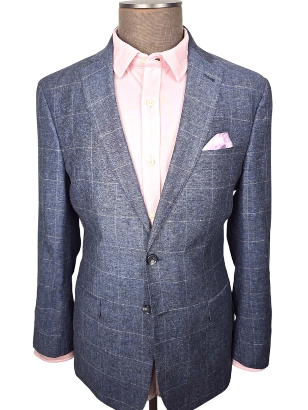 Jos. A. Bank Men's 41L Silk Linen Blend Windowpane Plaid Sport Coat Blazer Blue